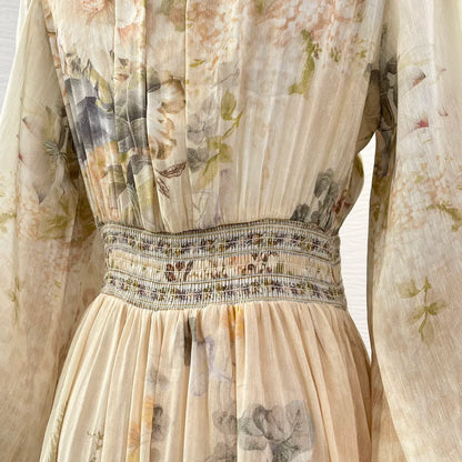 Re-tro 2026 Linen Silk Beige Floral Print Long Sleeve Dress