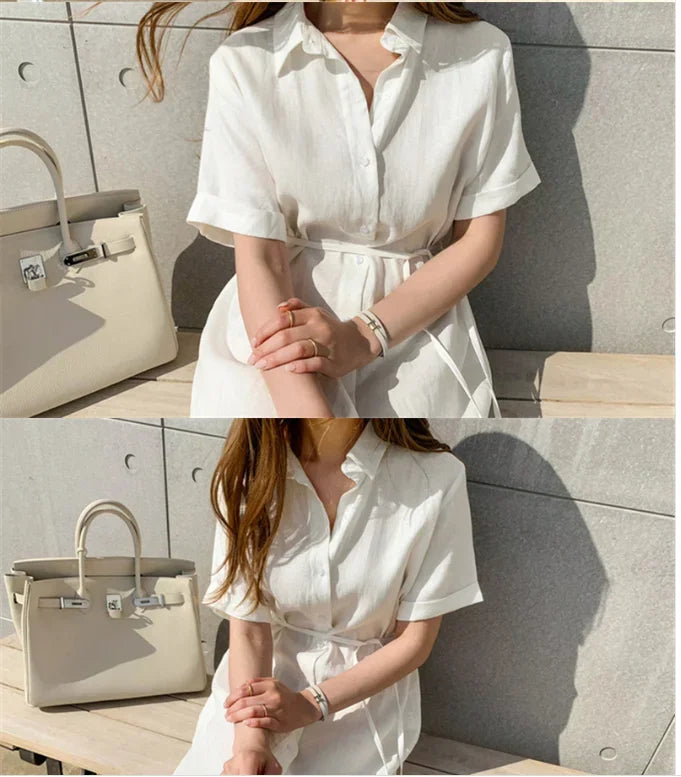 Cotton Linen Women Long Dresses Female New Fashion Loose Clothes Ladies Short Sleeve Turn down Collar Commuting Loose Cardigan