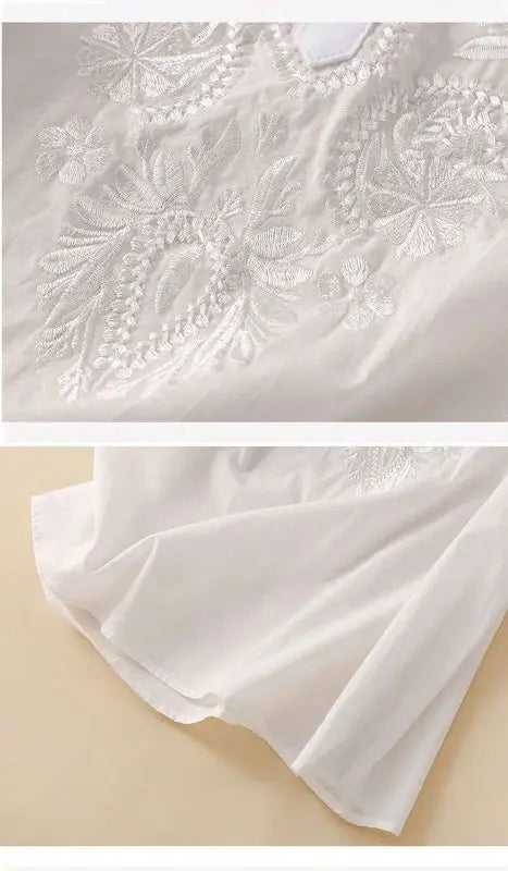 Summer New Artistic Retro Loose Design Embroidered Cleanfit round Ne ort Sve Ladies T-irt Linen Fabric Plant Floral