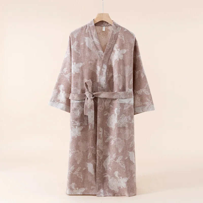 2025 Cotton and Linen Nightgown Thin Long Lace-up Bathrobe Casual Loose Women&