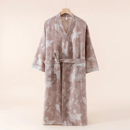 2025 Cotton and Linen Nightgown Thin Long Lace-up Bathrobe Casual Loose Women&