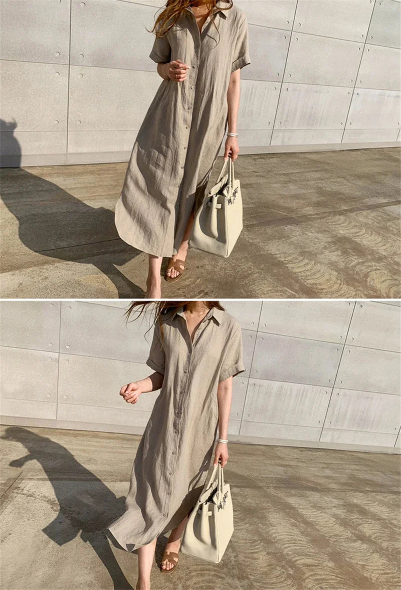 Cotton Linen Women Long Dresses Female New Fashion Loose Clothes Ladies Short Sleeve Turn down Collar Commuting Loose Cardigan