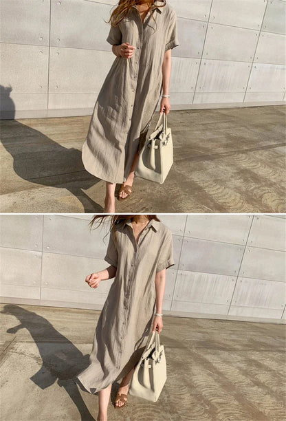 Cotton Linen Women Long Dresses Female New Fashion Loose Clothes Ladies Short Sleeve Turn down Collar Commuting Loose Cardigan