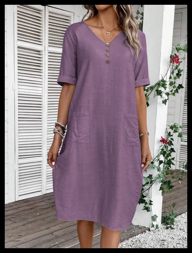 Cotton Linen Casual Women's Dresses 2026 Spring/Summer Holiday Short Sleeve Solid V-neck pokect Large Swing Loose Dress