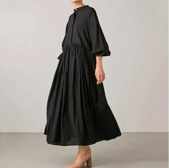 Cotton Linen Loose Dresses For Women Solid Korean version Long Sleeve Pleated Big Swing Robe Autumn Vintage Casual Clothes