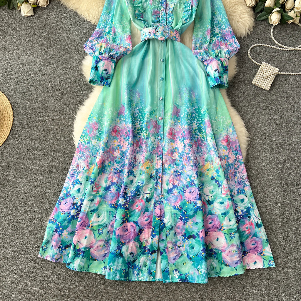 French Style Retro Fresh Print Chiffon Dress 2024 New Loose Elegant Slim Robe Stand Collar Single Breasted Long Sleeve Ropa