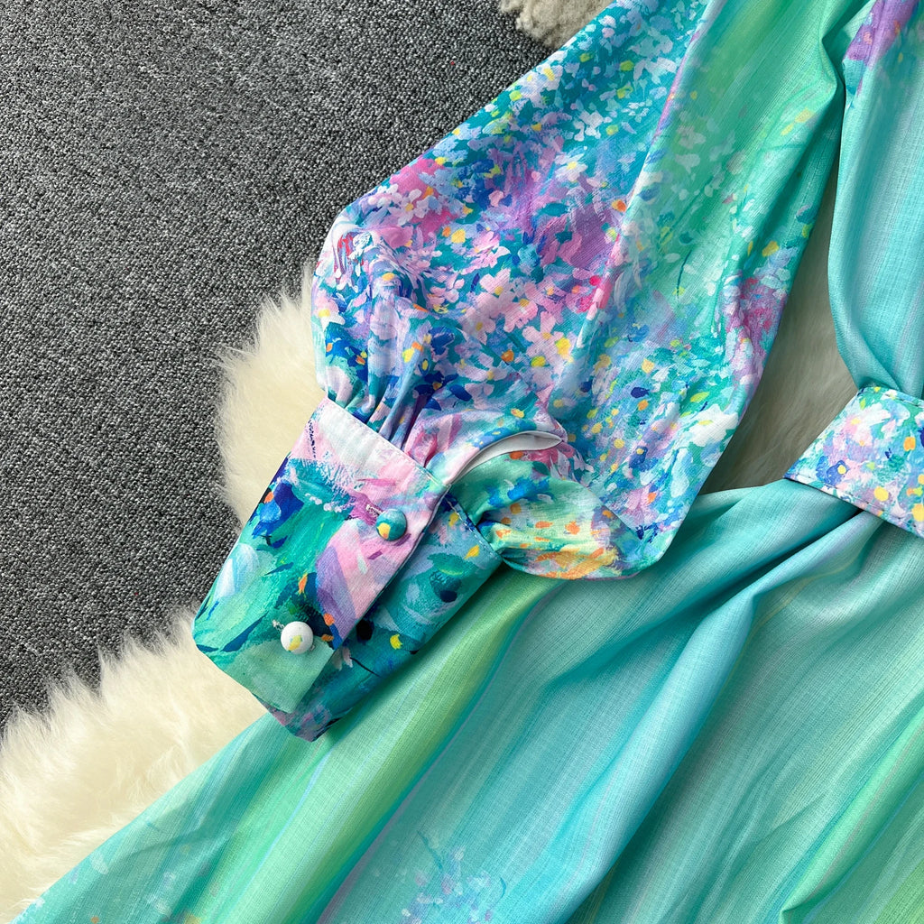 French Style Retro Fresh Print Chiffon Dress 2024 New Loose Elegant Slim Robe Stand Collar Single Breasted Long Sleeve Ropa