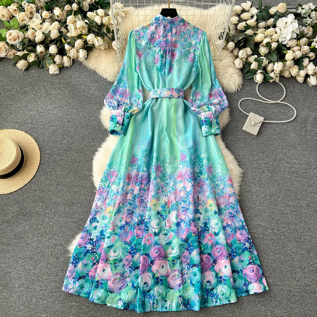 French Style Retro Fresh Print Chiffon Dress 2024 New Loose Elegant Slim Robe Stand Collar Single Breasted Long Sleeve Ropa