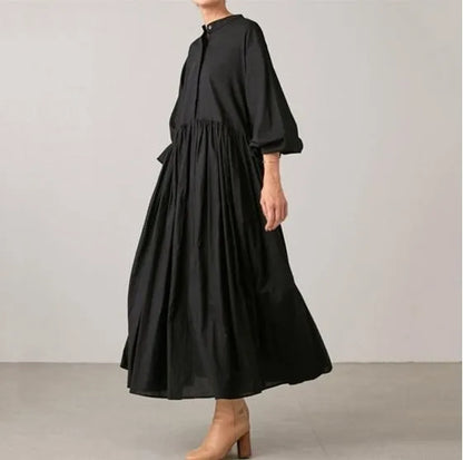 Cotton Linen Loose Dresses For Women Solid Korean version Long Sleeve Pleated Big Swing Robe Autumn Vintage Casual Clothes