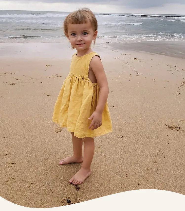 Linen Sleeveless Vest Dress Girls 2026 Summer New Cute Sunshine Baby Girl Dress Waist Pleated Round Neck Cotton Linen Dresses