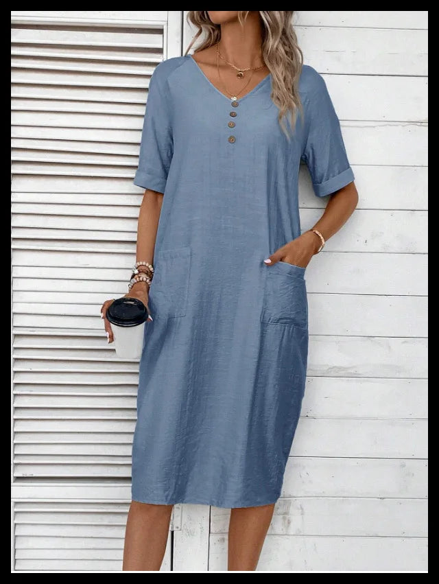 Cotton Linen Casual Women's Dresses 2026 Spring/Summer Holiday Short Sleeve Solid V-neck pokect Large Swing Loose Dress