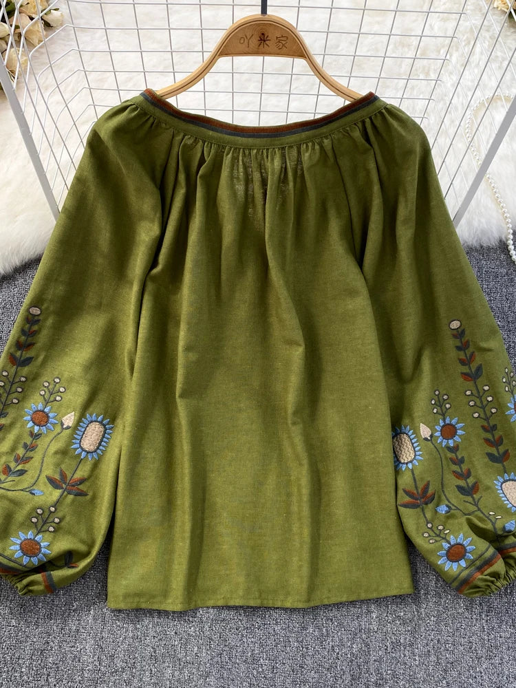 Women Spring Blouse Ethnic Style Retro Literature Loose Embroidered Cotton Linen Round Neck Pullover Shirt Casual Top D3549