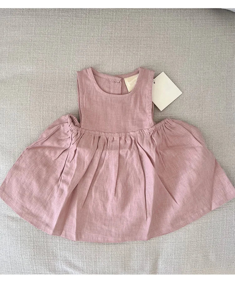 Linen Sleeveless Vest Dress Girls 2026 Summer New Cute Sunshine Baby Girl Dress Waist Pleated Round Neck Cotton Linen Dresses