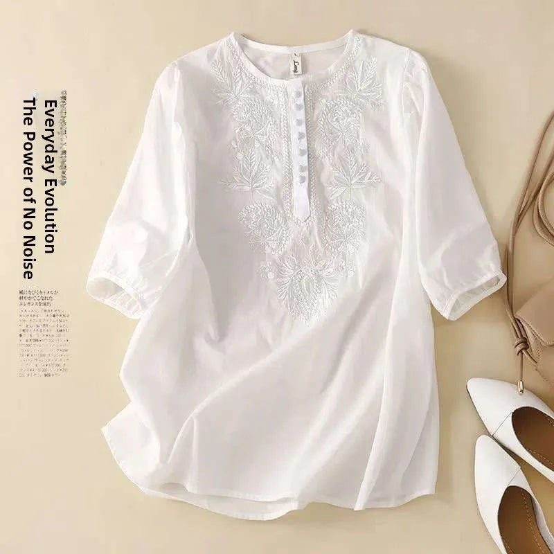 Summer New Artistic Retro Loose Design Embroidered Cleanfit round Ne ort Sve Ladies T-irt Linen Fabric Plant Floral