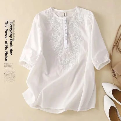 Summer New Artistic Retro Loose Design Embroidered Cleanfit round Ne ort Sve Ladies T-irt Linen Fabric Plant Floral