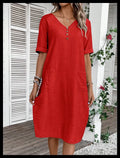 Cotton Linen Casual Women's Dresses 2026 Spring/Summer Holiday Short Sleeve Solid V-neck pokect Large Swing Loose Dress