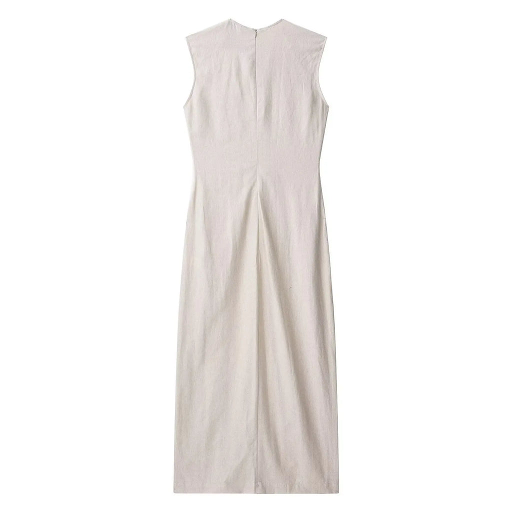 Ziahme Elegant Linen Blend Belted Sleeveless Midi Dress