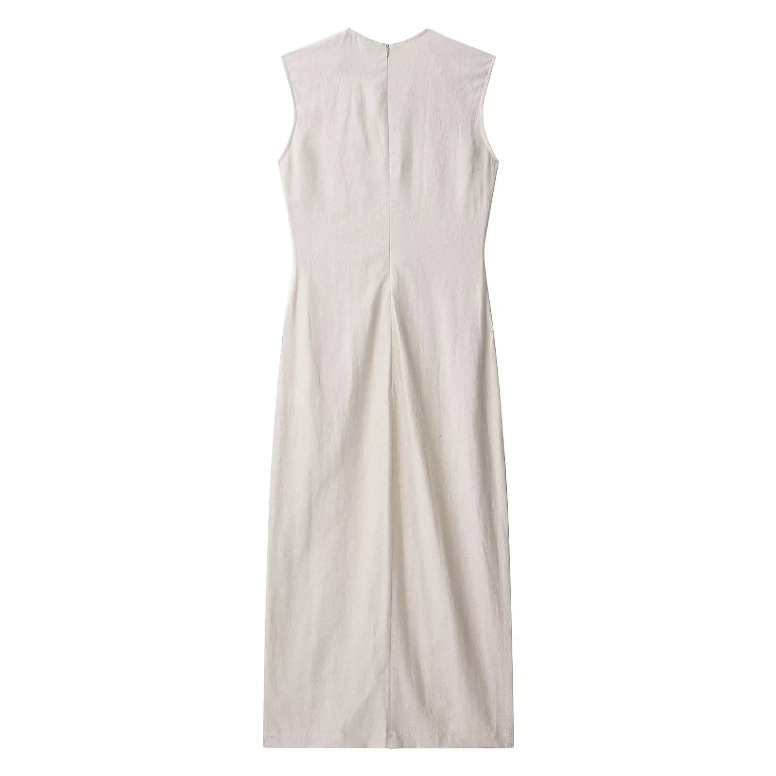 Elegant Linen Blend Belted Sleeveless Midi Dress