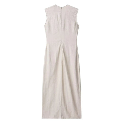 Elegant Linen Blend Belted Sleeveless Midi Dress