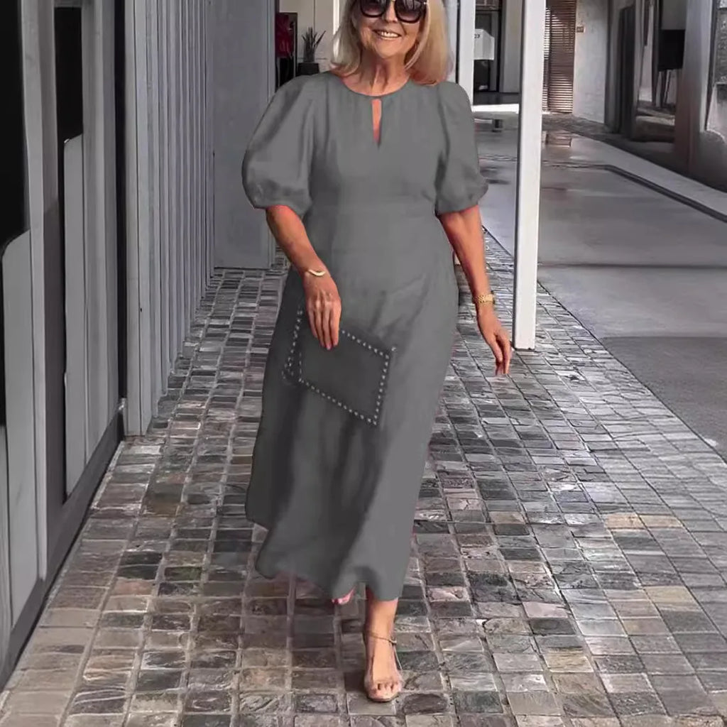 Summer Linen Dress for Women 2024 Casual Puff Sleeve Hollow Out Neck Party Ruffle Dresses Sundress Women