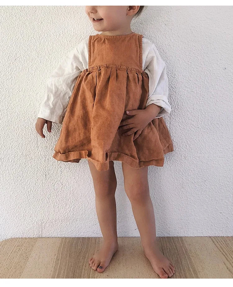 Linen Sleeveless Vest Dress Girls 2026 Summer New Cute Sunshine Baby Girl Dress Waist Pleated Round Neck Cotton Linen Dresses