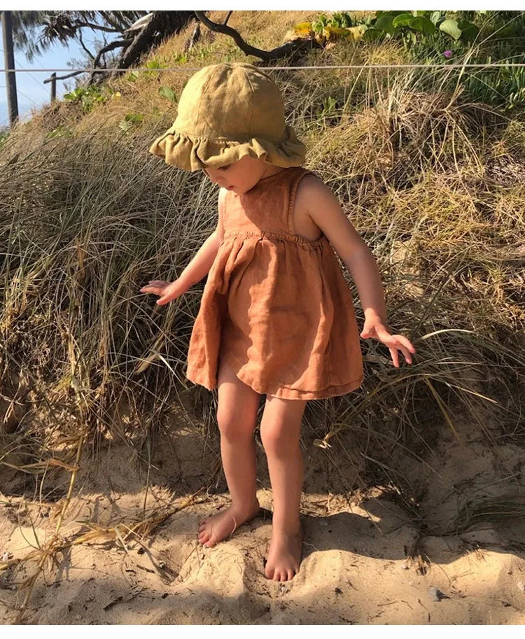 Linen Sleeveless Vest Dress Girls 2026 Summer New Cute Sunshine Baby Girl Dress Waist Pleated Round Neck Cotton Linen Dresses