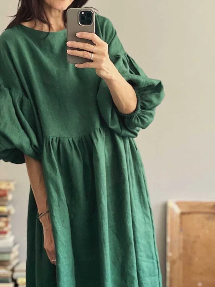 Msfancy Puff Sleeve Dress Women Cotton Short Sleeve Loose Robe Femme 2023 Vintage Vocation Vestidos