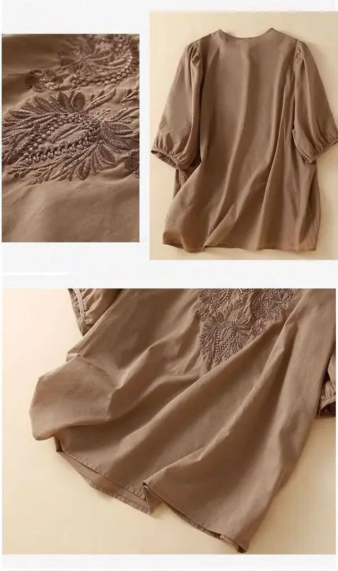 Summer New Artistic Retro Loose Design Embroidered Cleanfit round Ne ort Sve Ladies T-irt Linen Fabric Plant Floral