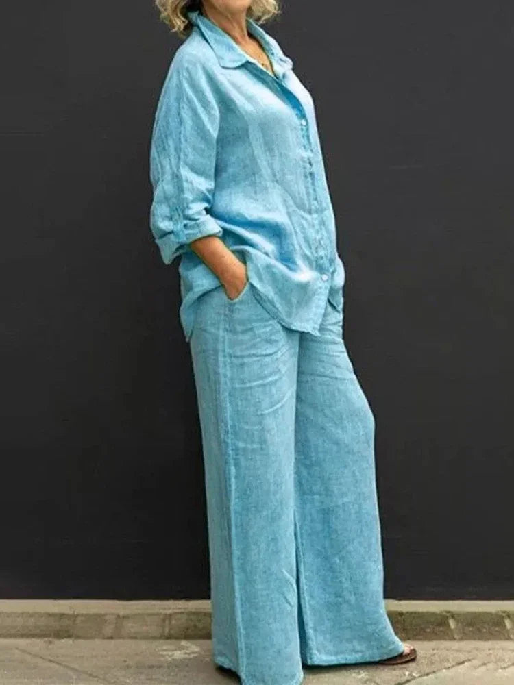 Linen Lapel Two Pieces Set Autumn Vintage Solid Color Long Sleeve Button Shirt Blouse Women Casual Loose Straight Pants Suits