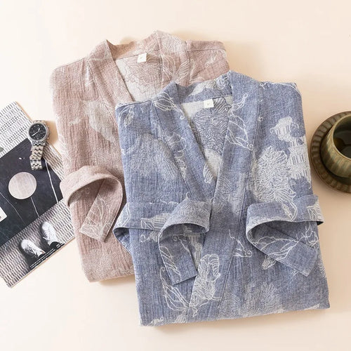 2025 Cotton and Linen Nightgown Thin Long Lace-up Bathrobe Casual Loose Women's Bathrobe V-Neck Japanese Kimono Robe