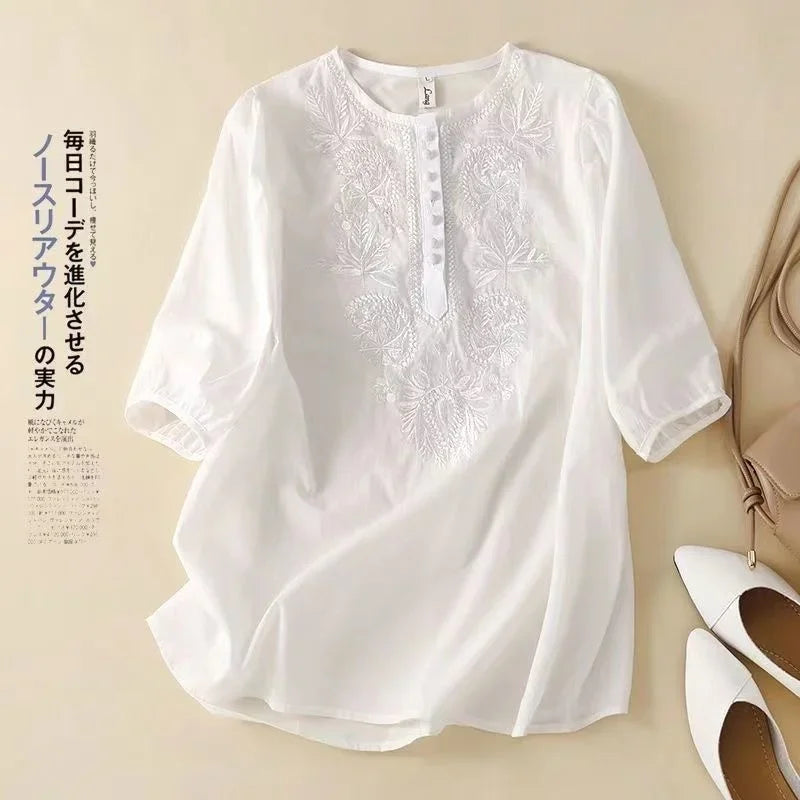Cotton Linen Blouse Floral Print Womens Tops Spring Summer Literary Retro Embroidery Top Casual Contrast Round Neck Blouses