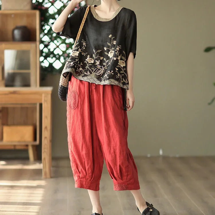 Cotton Linen Blouse Floral Print Womens Tops Spring Summer Literary Retro Embroidery Top Casual Contrast Round Neck Blouses