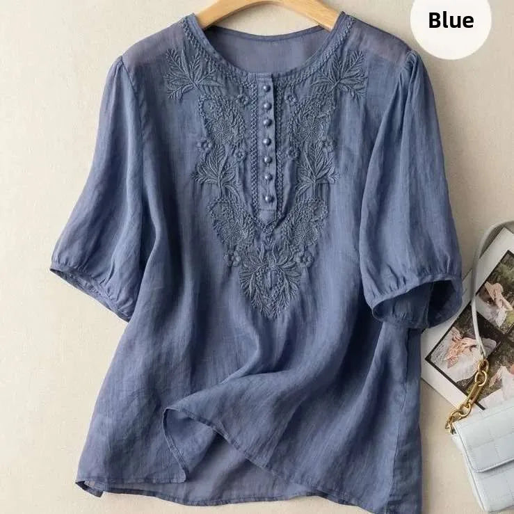 Summer New Artistic Retro Loose Design Embroidered Cleanfit round Ne ort Sve Ladies T-irt Linen Fabric Plant Floral