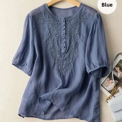 Summer New Artistic Retro Loose Design Embroidered Cleanfit round Ne ort Sve Ladies T-irt Linen Fabric Plant Floral