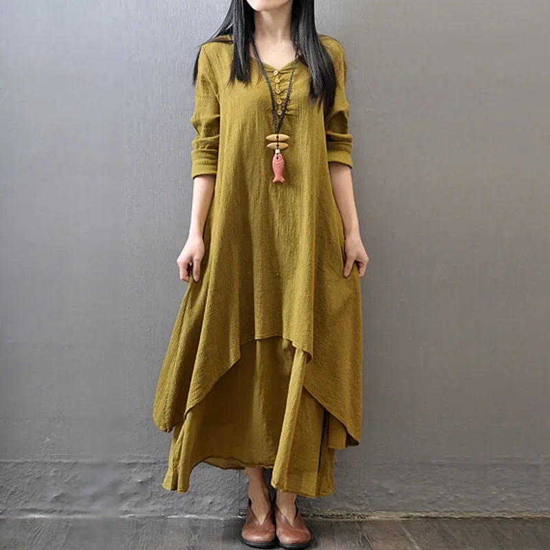 Spring Autumn New Women Elegant Dresses Bohemia Layering Vintage Robe Long Sleeve Loose Long Dress Female Cotton Hemp Skirt