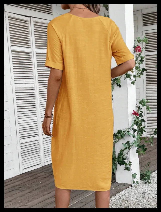 Cotton Linen Casual Women's Dresses 2026 Spring/Summer Holiday Short Sleeve Solid V-neck pokect Large Swing Loose Dress