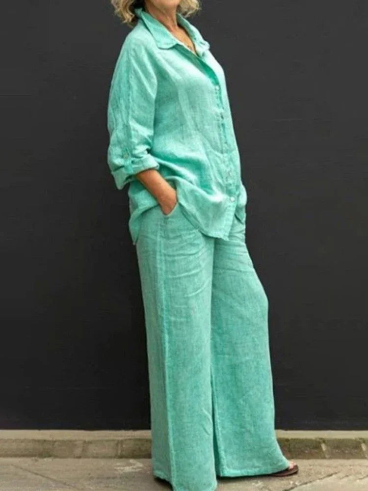 Linen Lapel Two Pieces Set Autumn Vintage Solid Color Long Sleeve Button Shirt Blouse Women Casual Loose Straight Pants Suits