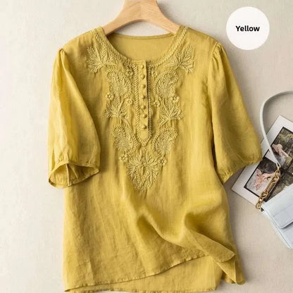 Summer New Artistic Retro Loose Design Embroidered Cleanfit round Ne ort Sve Ladies T-irt Linen Fabric Plant Floral