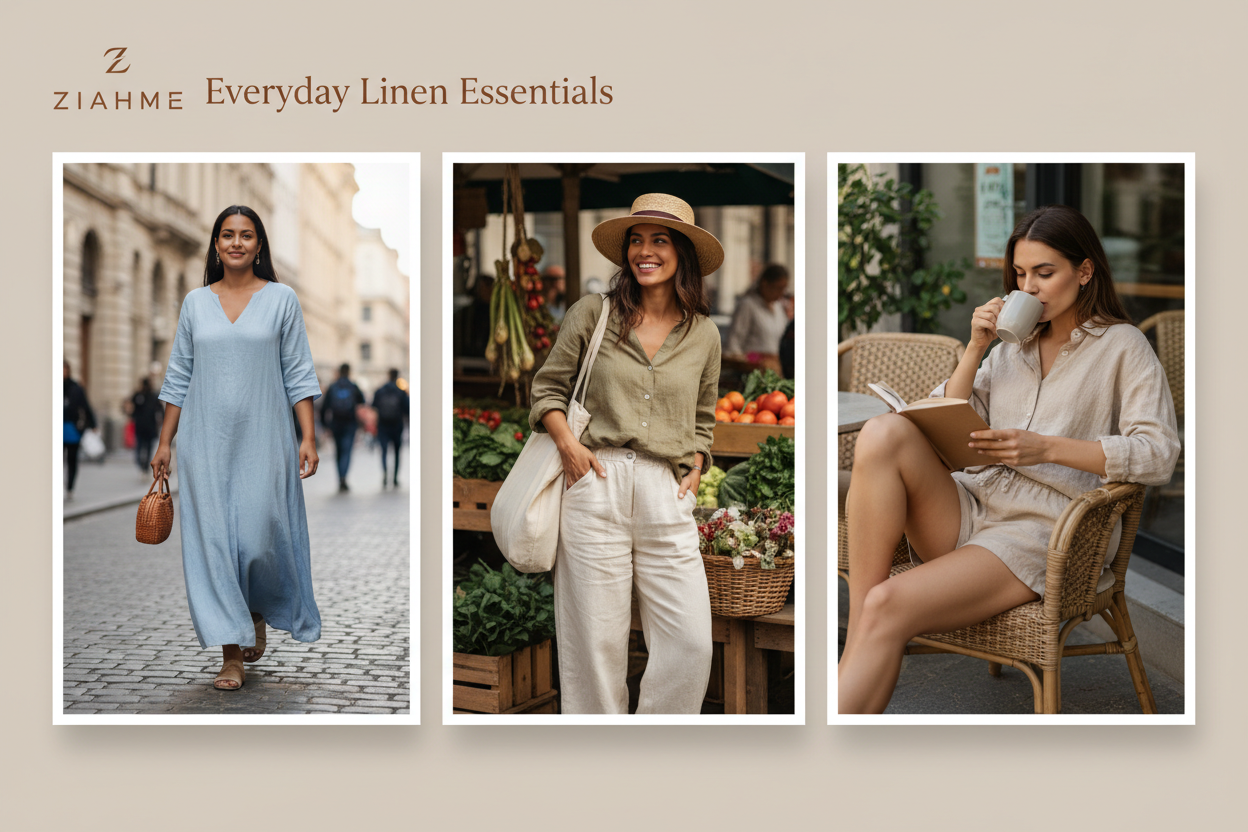 Create a lifestyle slideshow showing women wearing linen outfits in everyday settings—walking, shopping, relaxing—natural poses, authentic confidence, modern fashion photography, ZIAHME logo and ‘Everyday Linen Essentials’ text.