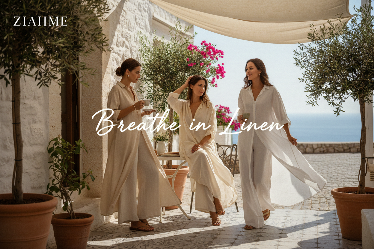 Create a summer-inspired slideshow banner featuring women wearing airy linen clothing, soft beige and white tones, outdoor café setting, relaxed elegance, realistic fashion photography, ZIAHME branding and ‘Breathe in Linen’ headline.
