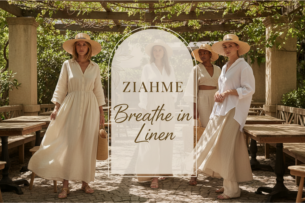 Create a summer-inspired slideshow banner featuring women wearing airy linen clothing, soft beige and white tones, outdoor café setting, relaxed elegance, realistic fashion photography, ZIAHME branding and ‘Breathe in Linen’ headline.