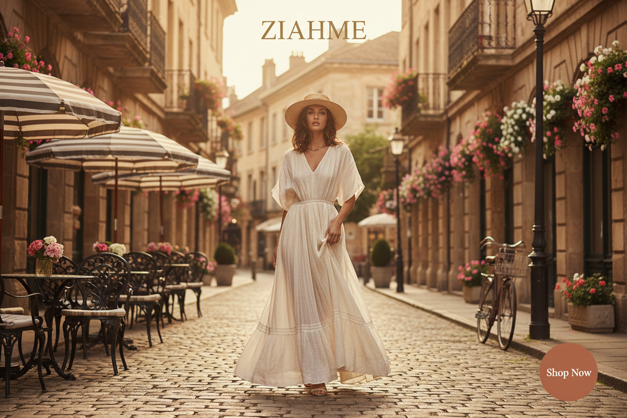Design a European summer fashion slideshow featuring women in linen dresses on cobblestone streets, balconies, or cafés, warm light, romantic but modern style, ZIAHME branding and Shop Now button.