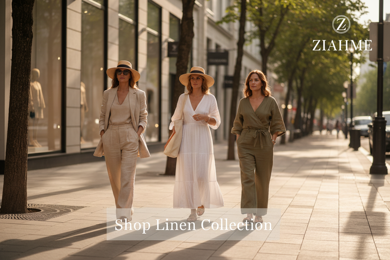 Design a high-end fashion slideshow showing confident women in breathable linen outfits walking through a stylish US or UK city street, soft sunlight, candid movement, premium lifestyle aesthetic, ZIAHME logo overlay and ‘Shop Linen Collection’ CTA.